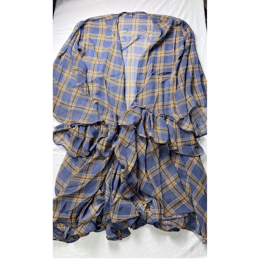 Chlah Blue Yellow Plaid Ruffle Open Front Cardigan Bell Sleeve Sheer Kimono M
